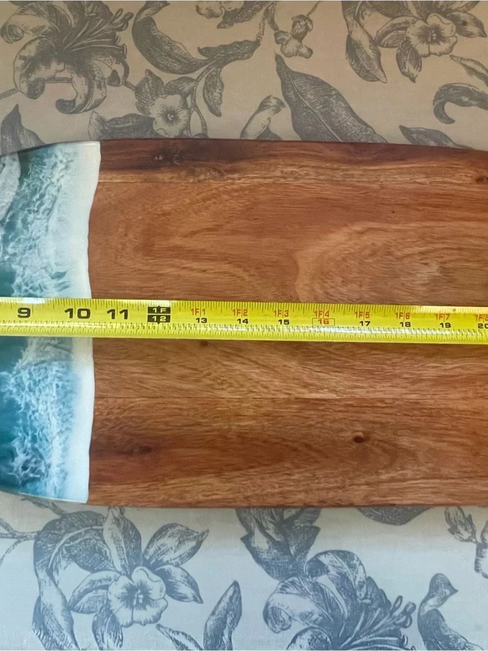 Handmade Wood Serving Board with Ocean Resin Edge - Blue & White